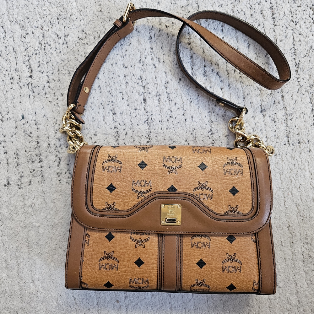 MCM Tan and Brown Crossbody Bag with Gold Hardware